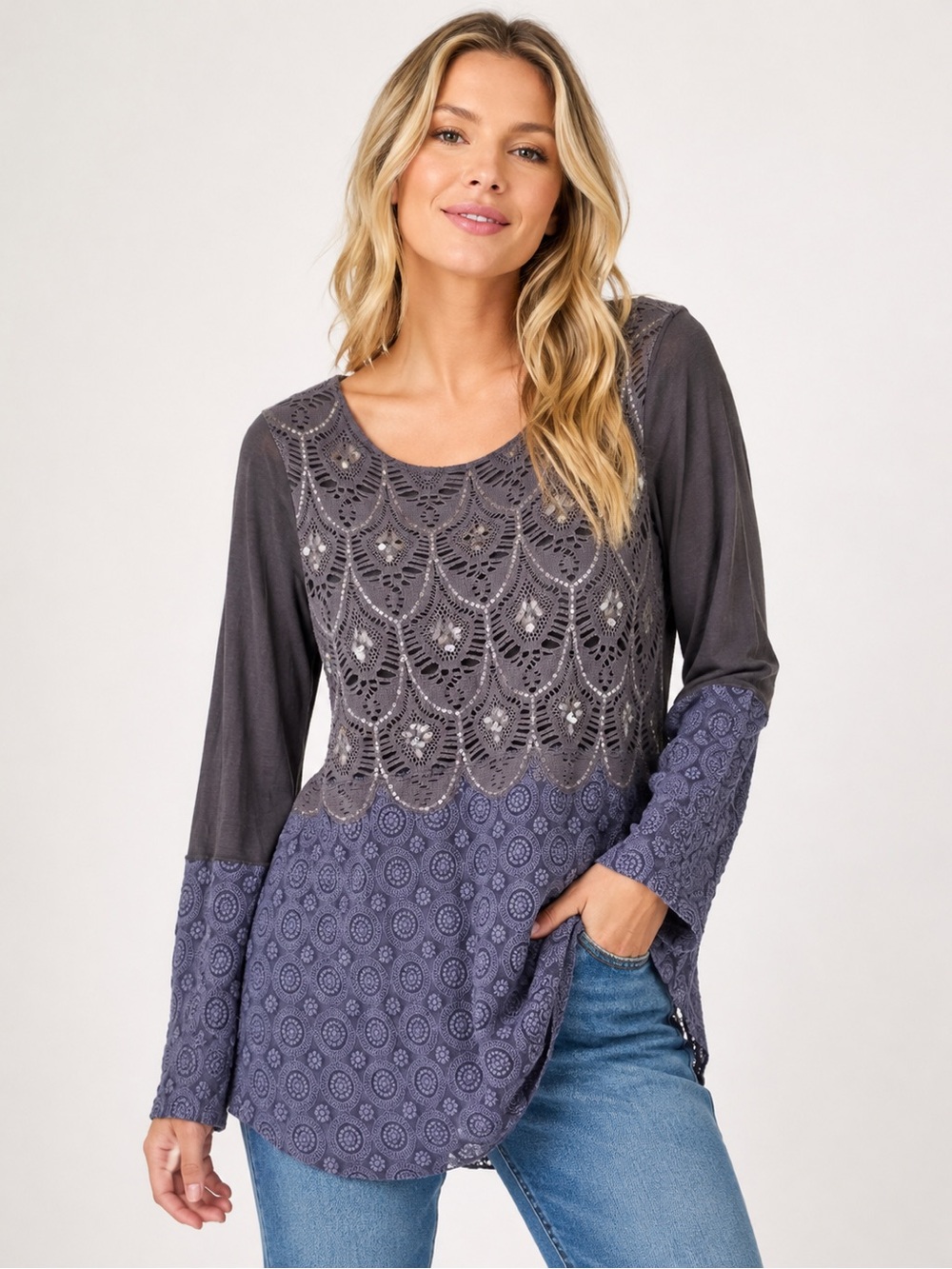 Sundance Catalog Ombré Purple‎ Gray Lace Sequin Crochet Blouse Top Size Small